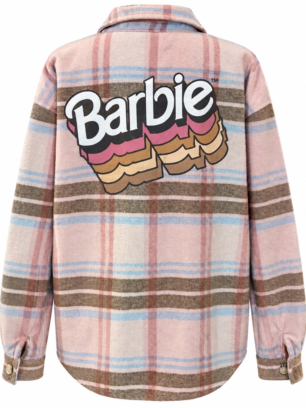 Barbie Pink Plaid Button-Down Shirt Jacket with Retro Logo